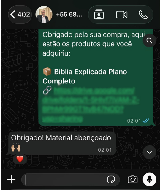 Print de WhatsApp: cliente diz: Obrigado! Material abençoado