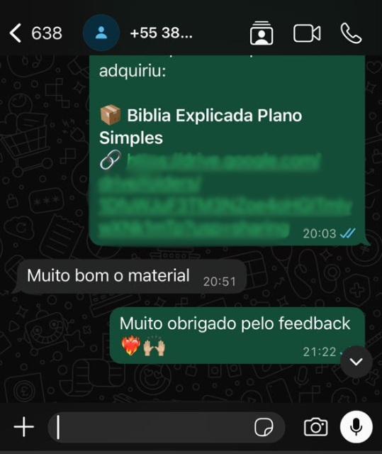 Print de WhatsApp: cliente diz: Muito bom o material após receber o plano