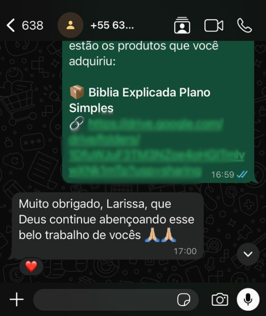 Print de WhatsApp: cliente agradece e diz: que Deus continue abençoando esse belo trabalho de vocês