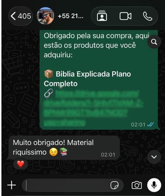 Print de WhatsApp: cliente agradece a compra do plano completo e diz: Material riquíssimo
