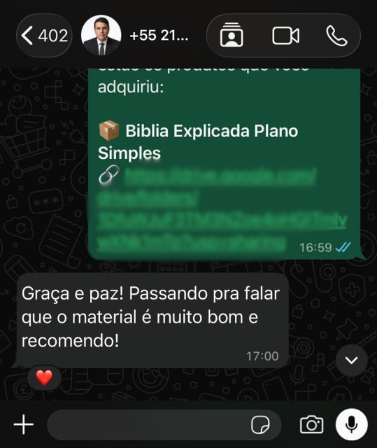 Print de WhatsApp: cliente diz: Graça e paz! O material é muito bom e recomendo